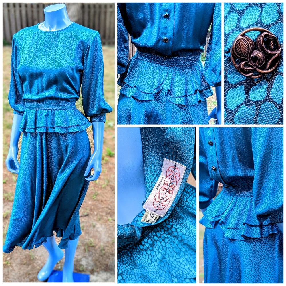 Vintage 1980's 100% Silk Turquoise cocktail Dress by Jean and Martin Pallant